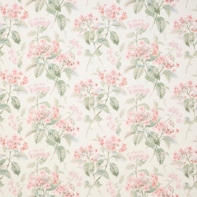 Blush pink floral sprigs with soft green leaves on a pale linen ground