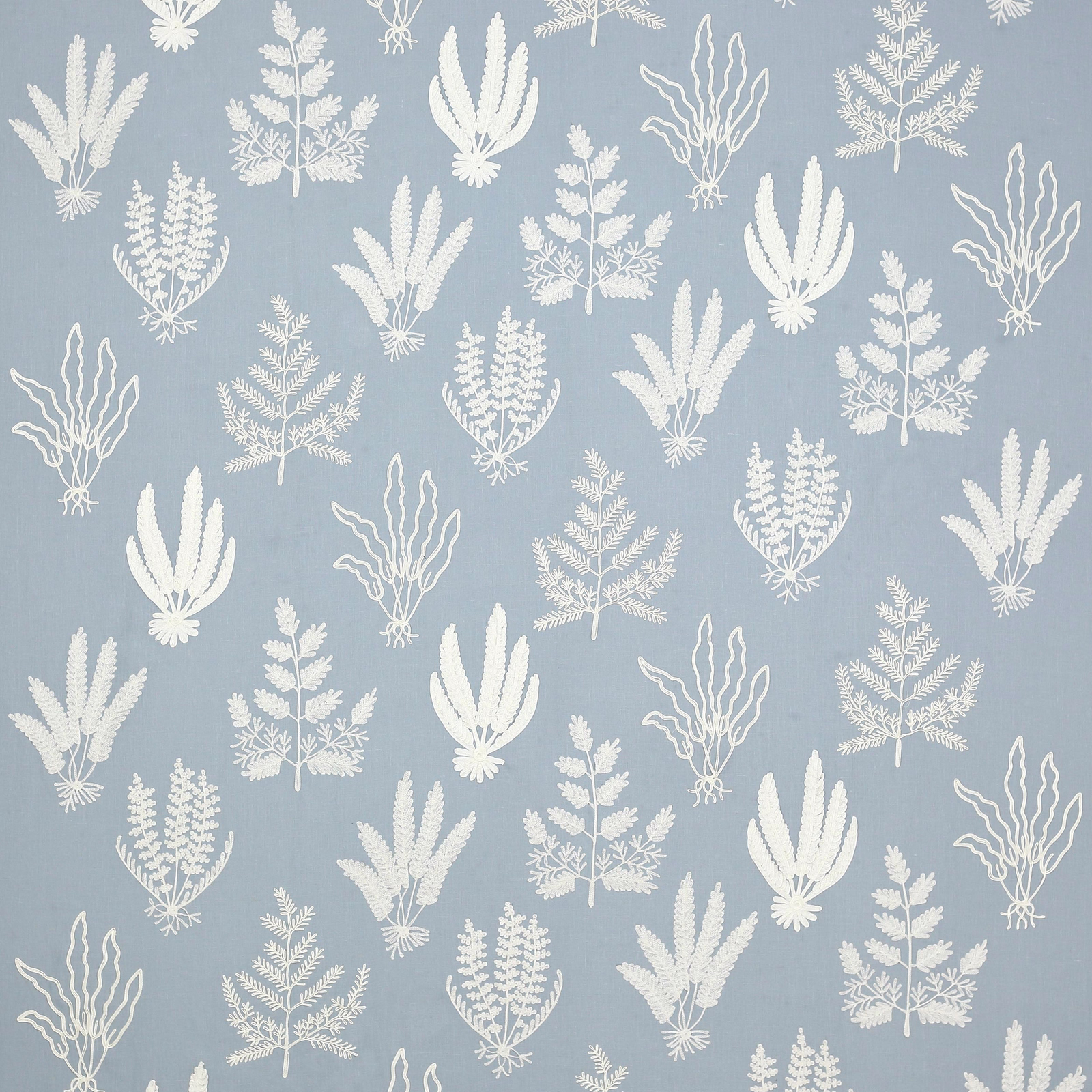 Soft powder blue fabric with white botanical leaf motif