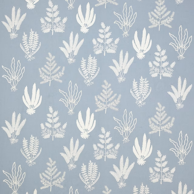 Soft powder blue fabric with white botanical leaf motif