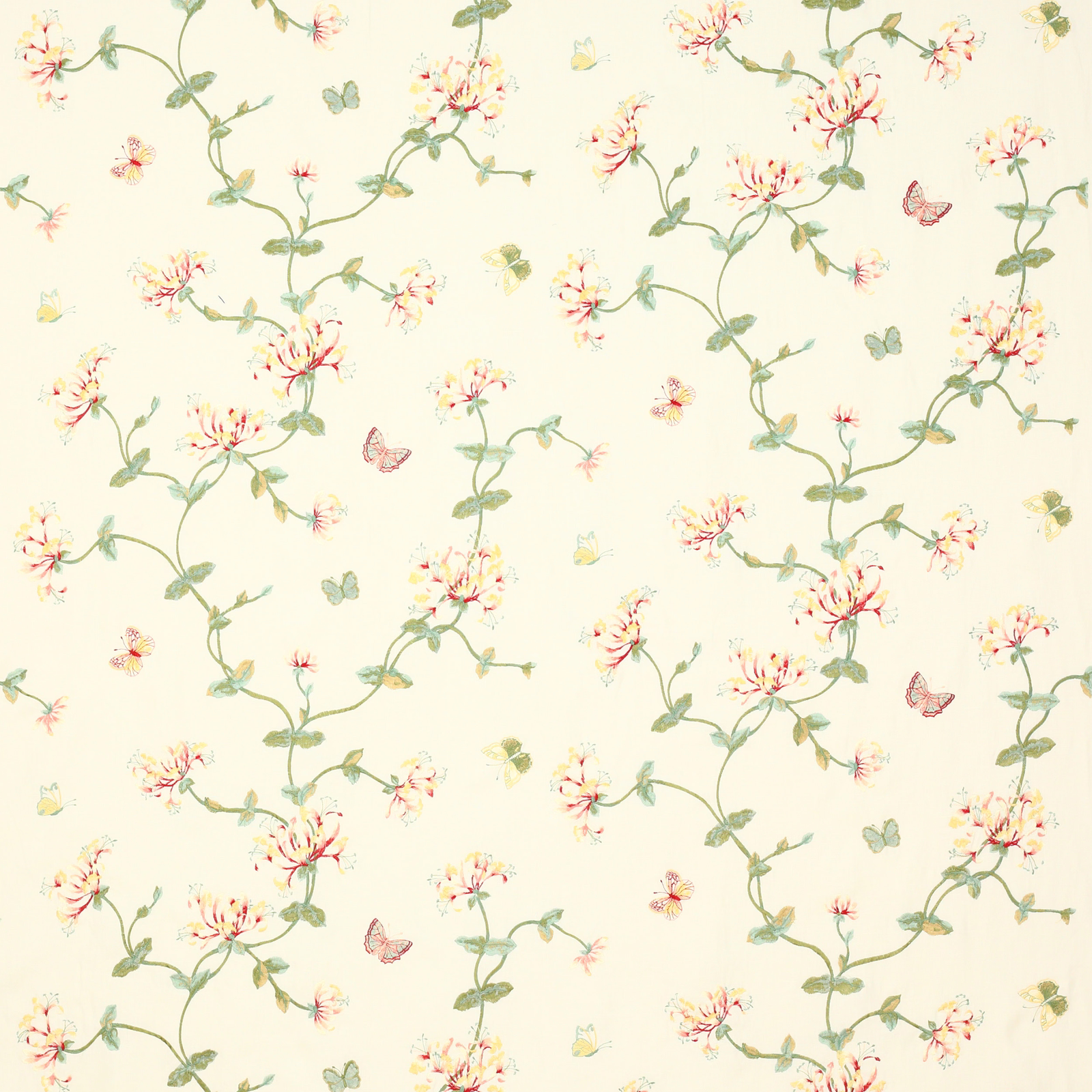 Cream floral fabric with pink blossoms, green vines and small butterflies