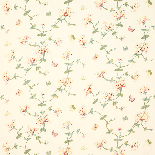 Cream floral fabric with pink blossoms, green vines and small butterflies