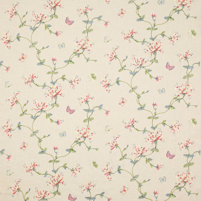 Cream floral fabric with red honeysuckle, green vines and small butterflies