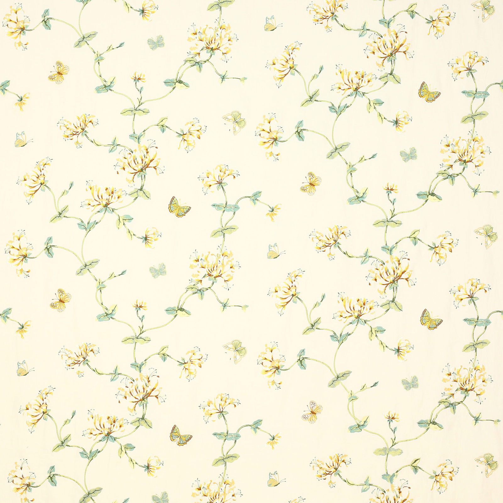 Cream floral fabric with yellow blossoms, green stems and small butterflies