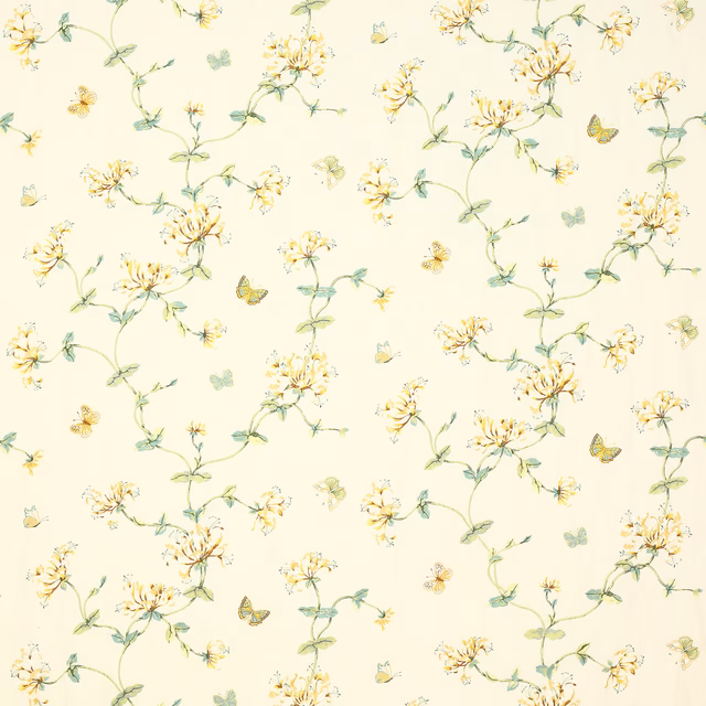 Cream floral fabric with yellow blossoms, green stems and small butterflies