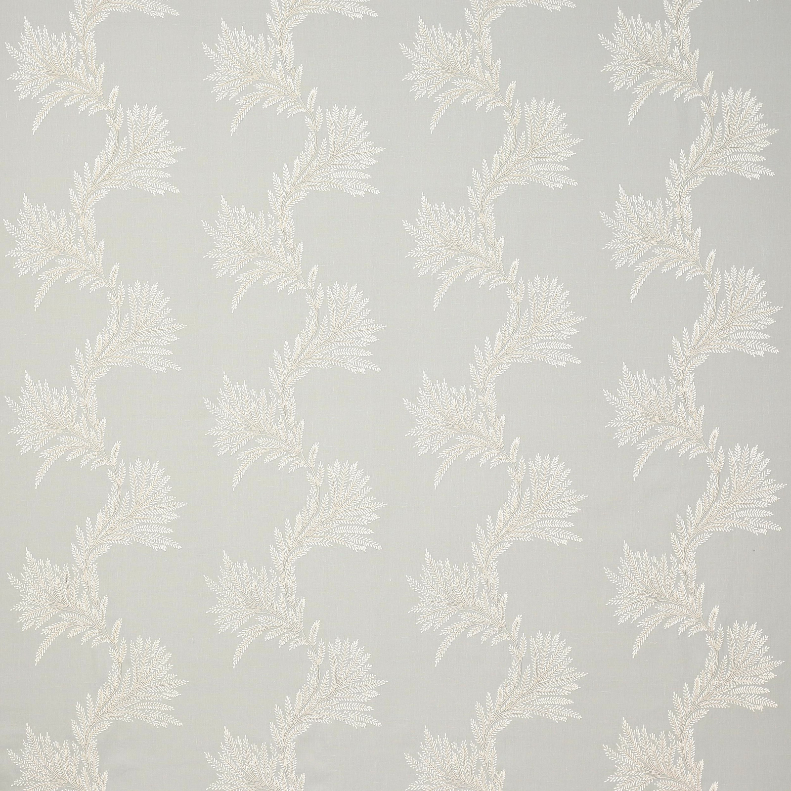 Pale blue-grey botanical fabric with scrolling leaf motif and soft sheen