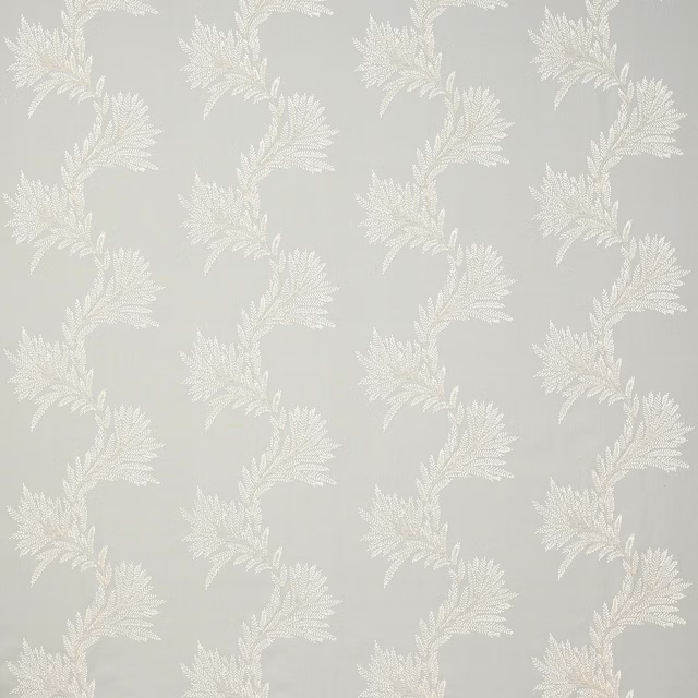Pale blue-grey botanical fabric with scrolling leaf motif and soft sheen