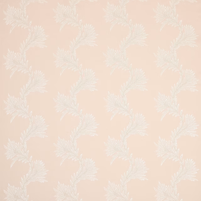 Pale blush pink fabric with soft ivory botanical leaf repeat
