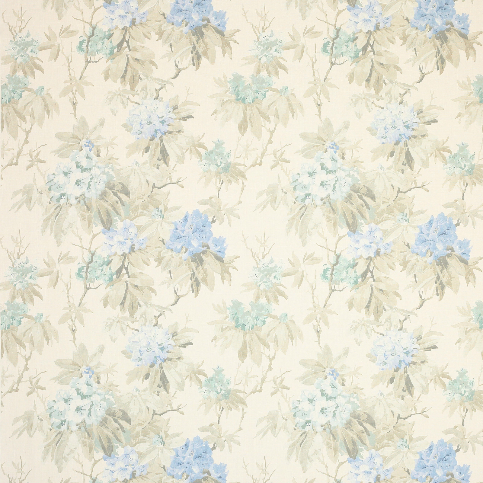 Pale blue floral print on beige linen with soft leafy stems