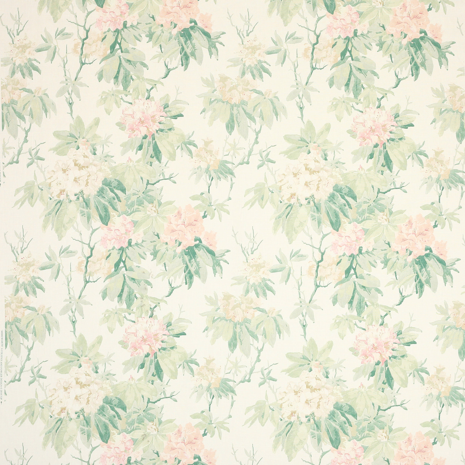 Pale linen floral fabric with blush pink blooms and soft green leaves