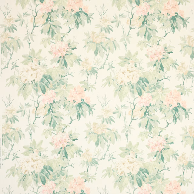 Pale linen floral fabric with blush pink blooms and soft green leaves