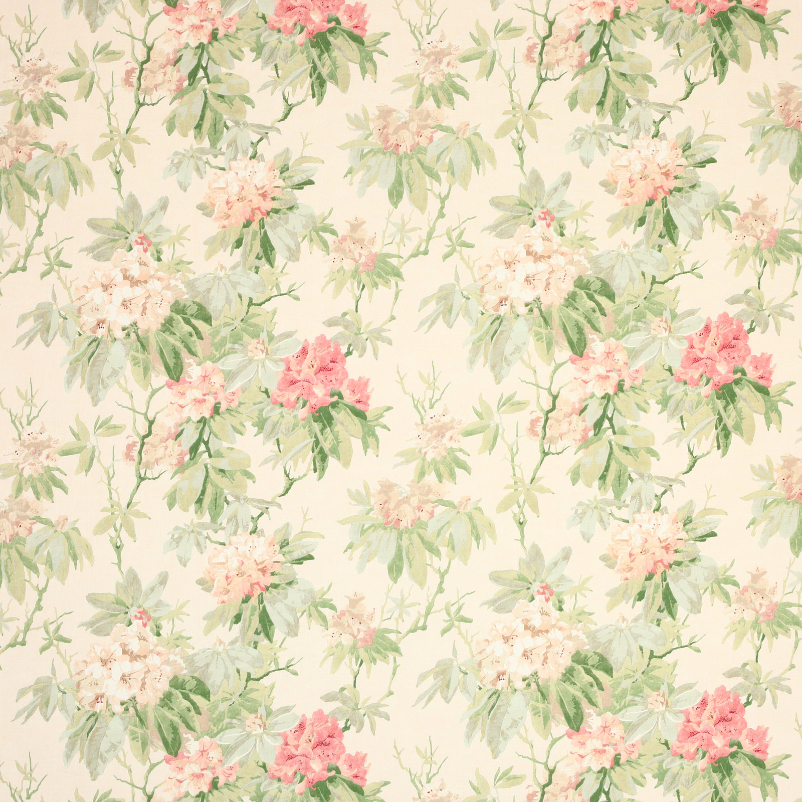 Cream linen fabric with trailing sage-green foliage and blush pink floral clusters