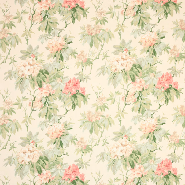 Cream linen fabric with trailing sage-green foliage and blush pink floral clusters