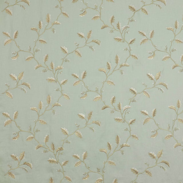 Soft blue-green floral fabric with trailing leaf vine motif and warm cream embroidery