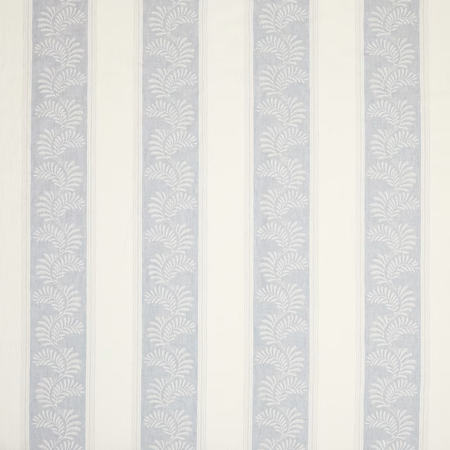 Pale blue-grey striped fabric with repeating leaf motif on a soft cream ground