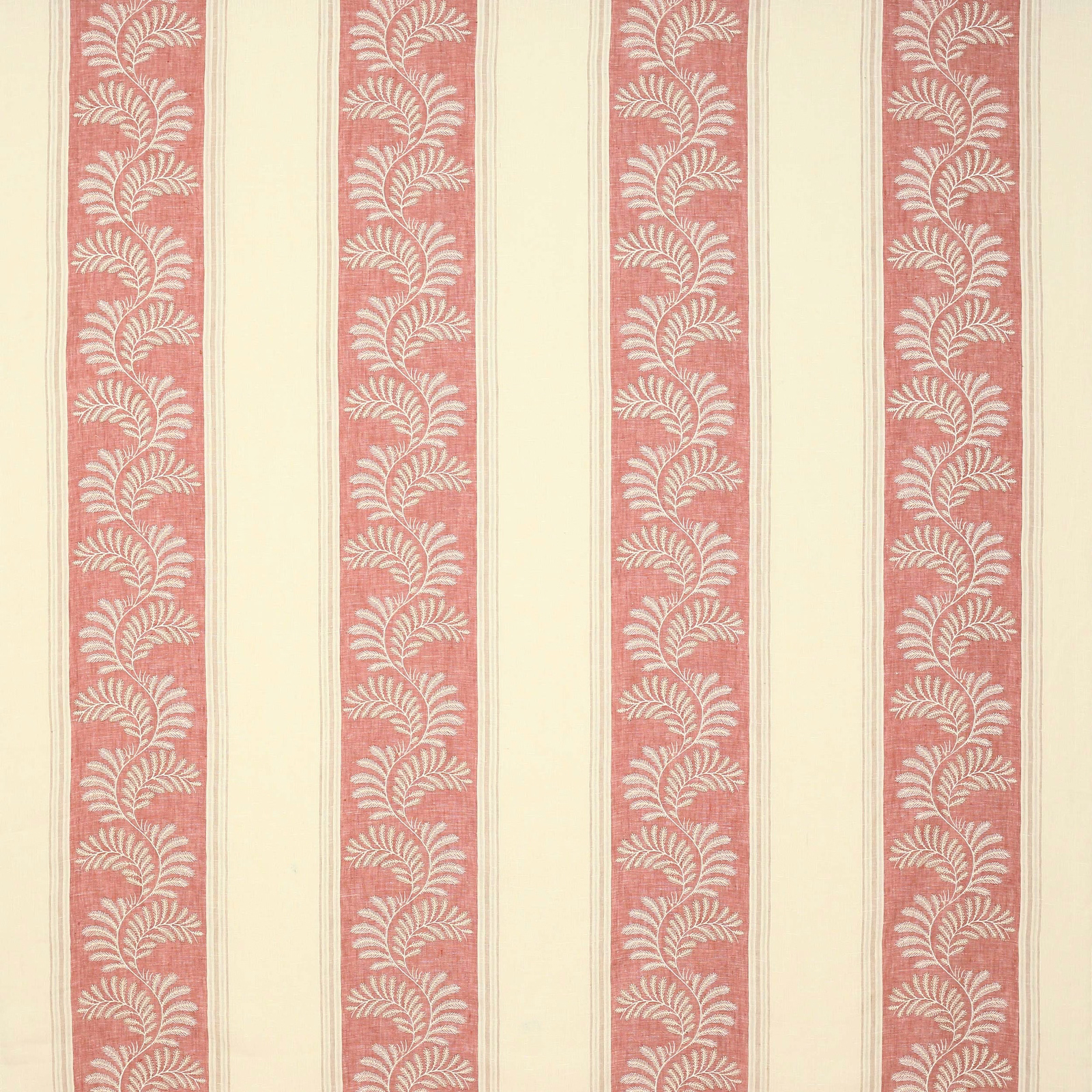 Coral-red striped fabric with cream leaf motif on a pale ground