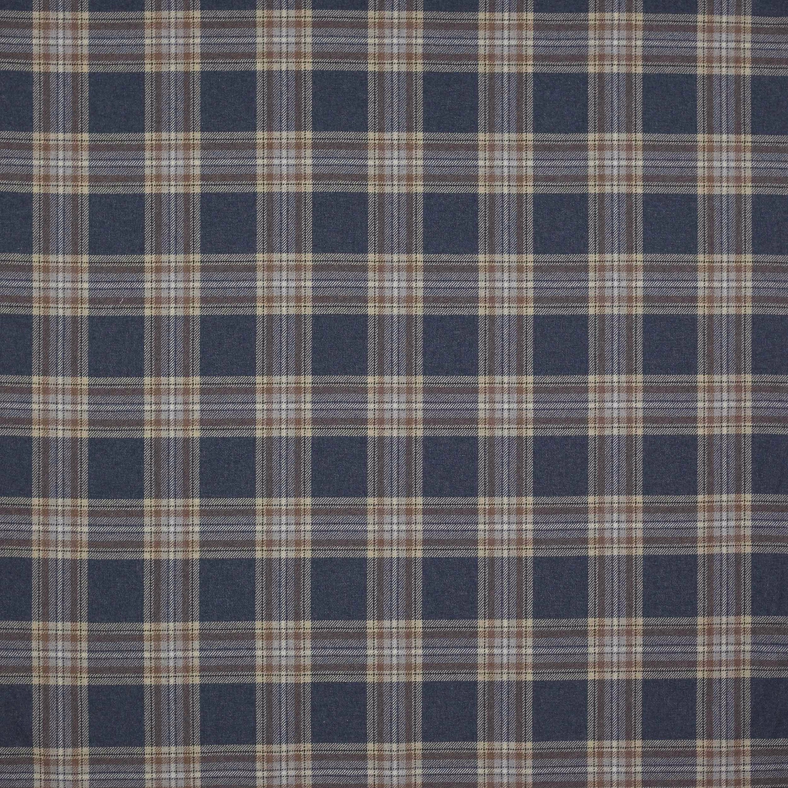 Blue and beige wool plaid swatch with fine navy checks
