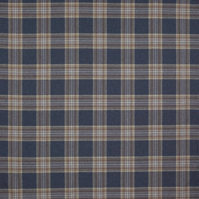 Blue and beige wool plaid swatch with fine navy checks