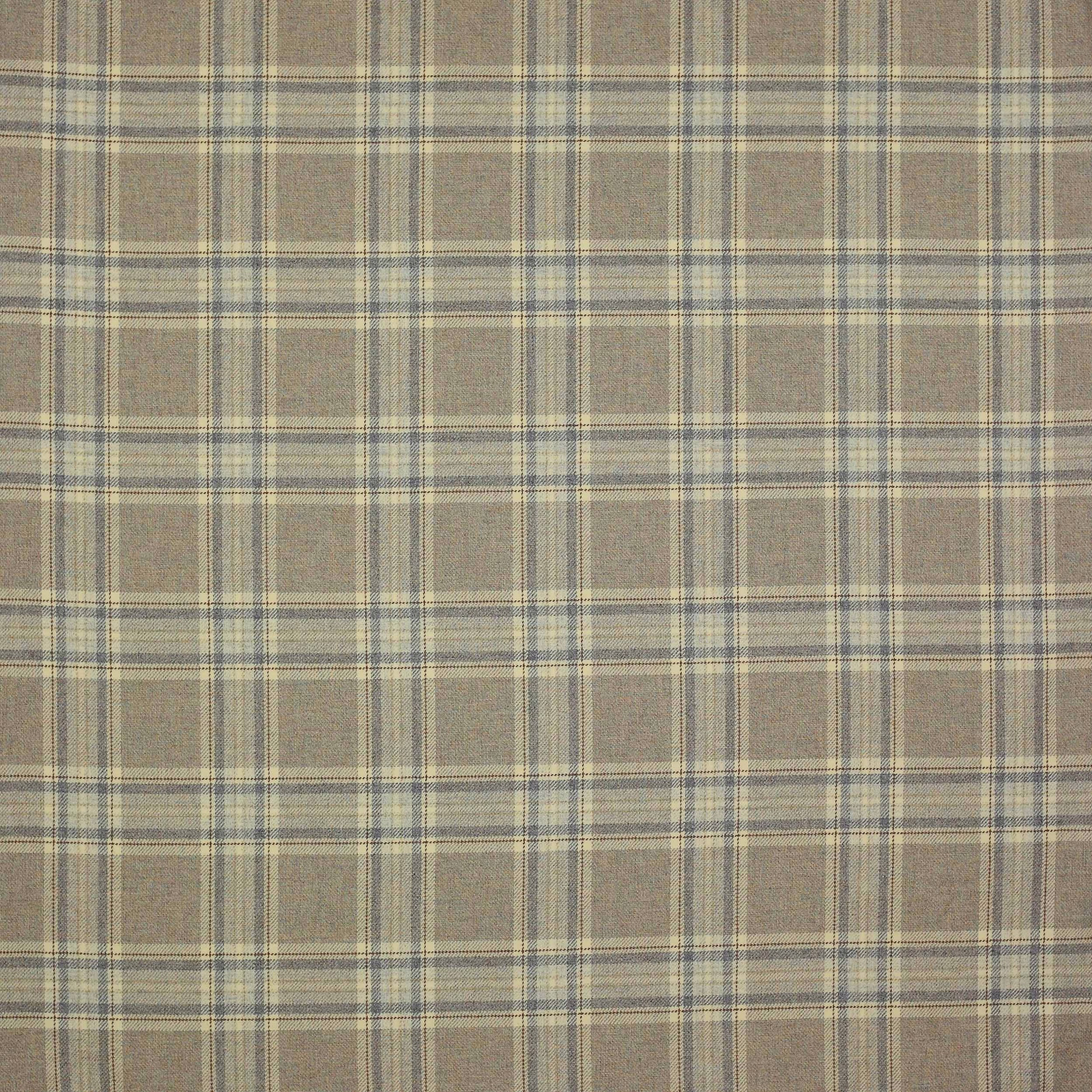 Muted grey wool plaid swatch with pale cream and blue pinstripes