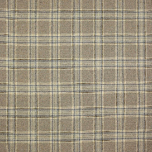 Muted grey wool plaid swatch with pale cream and blue pinstripes