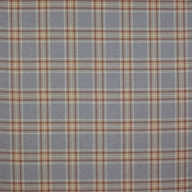 Muted blue wool plaid with cream and rust checks in a soft woven texture