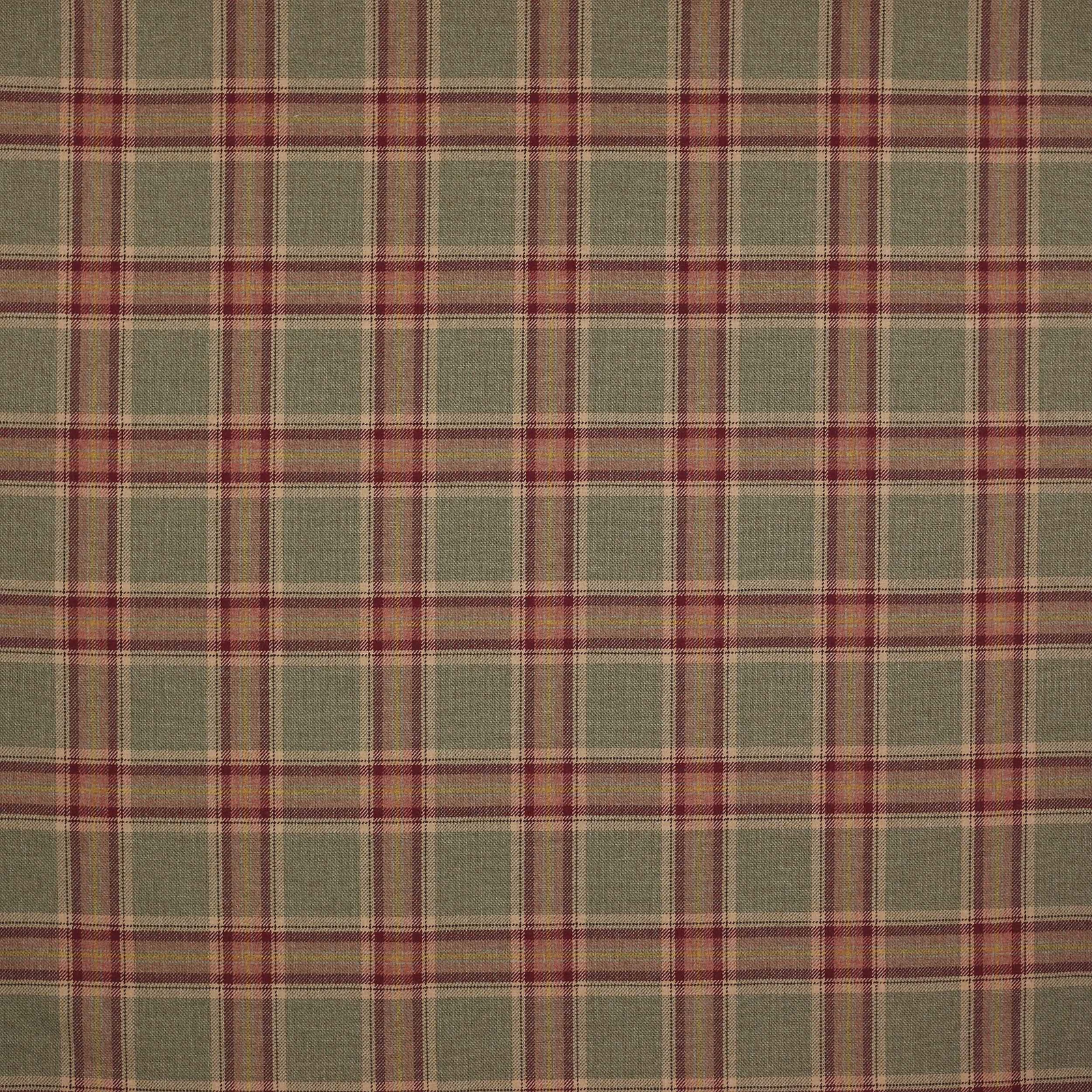Muted sage green and red tartan wool plaid with fine cream pinlines