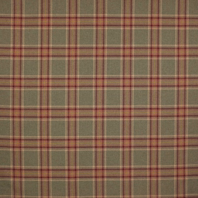 Muted sage green and red tartan wool plaid with fine cream pinlines