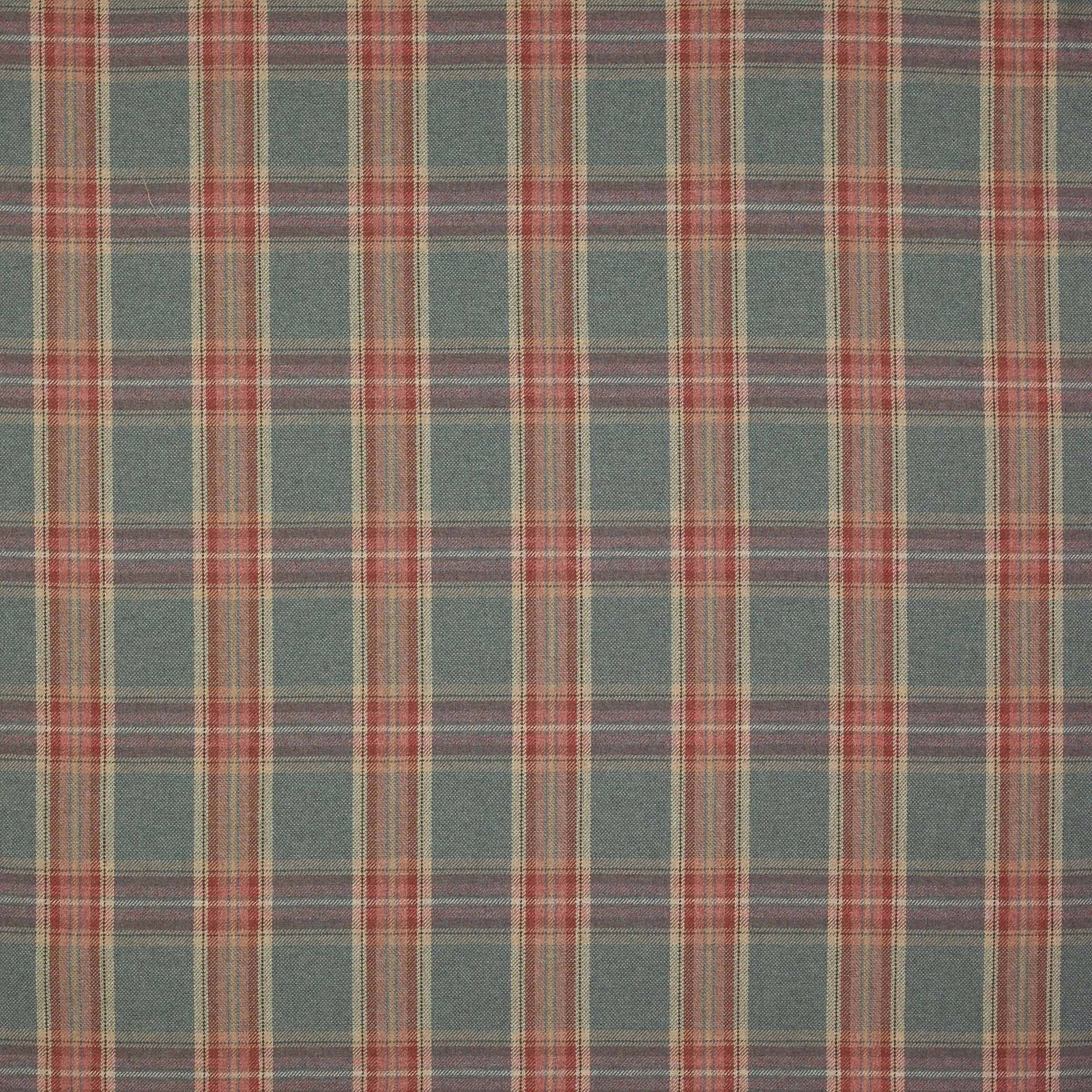 Muted teal wool plaid with red, cream and lavender cross stripes