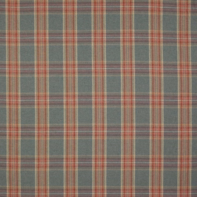 Muted teal wool plaid with red, cream and lavender cross stripes
