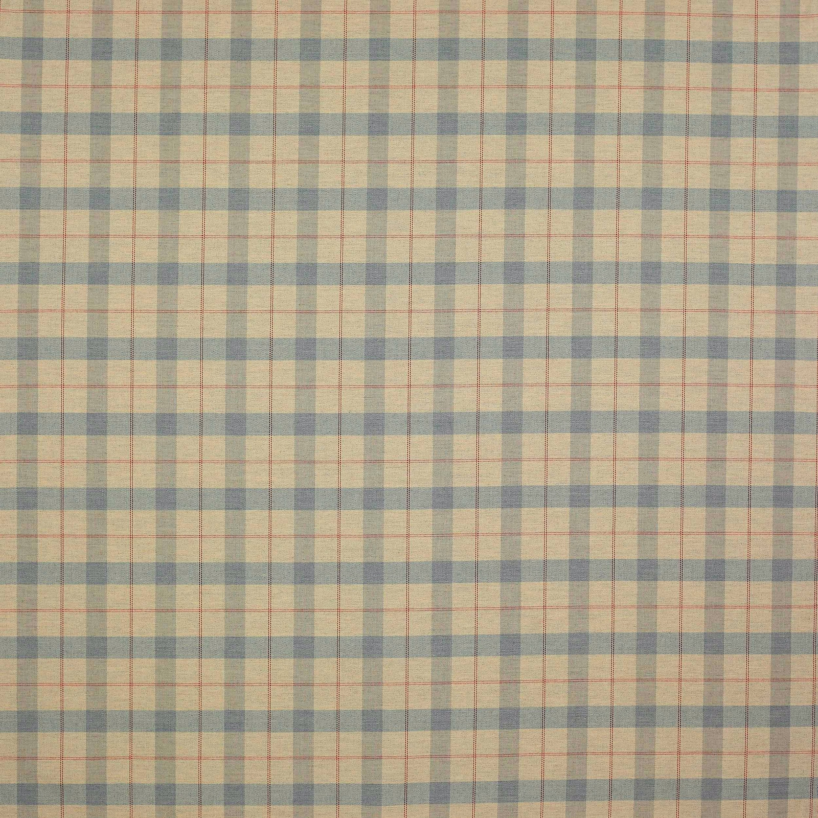 Pale aqua and cream checked wool-linen fabric swatch with fine pink lines
