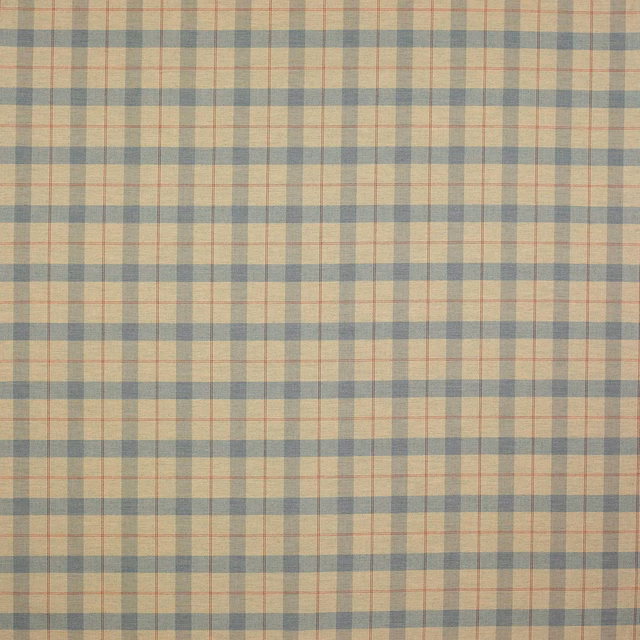 Pale aqua and cream checked wool-linen fabric swatch with fine pink lines