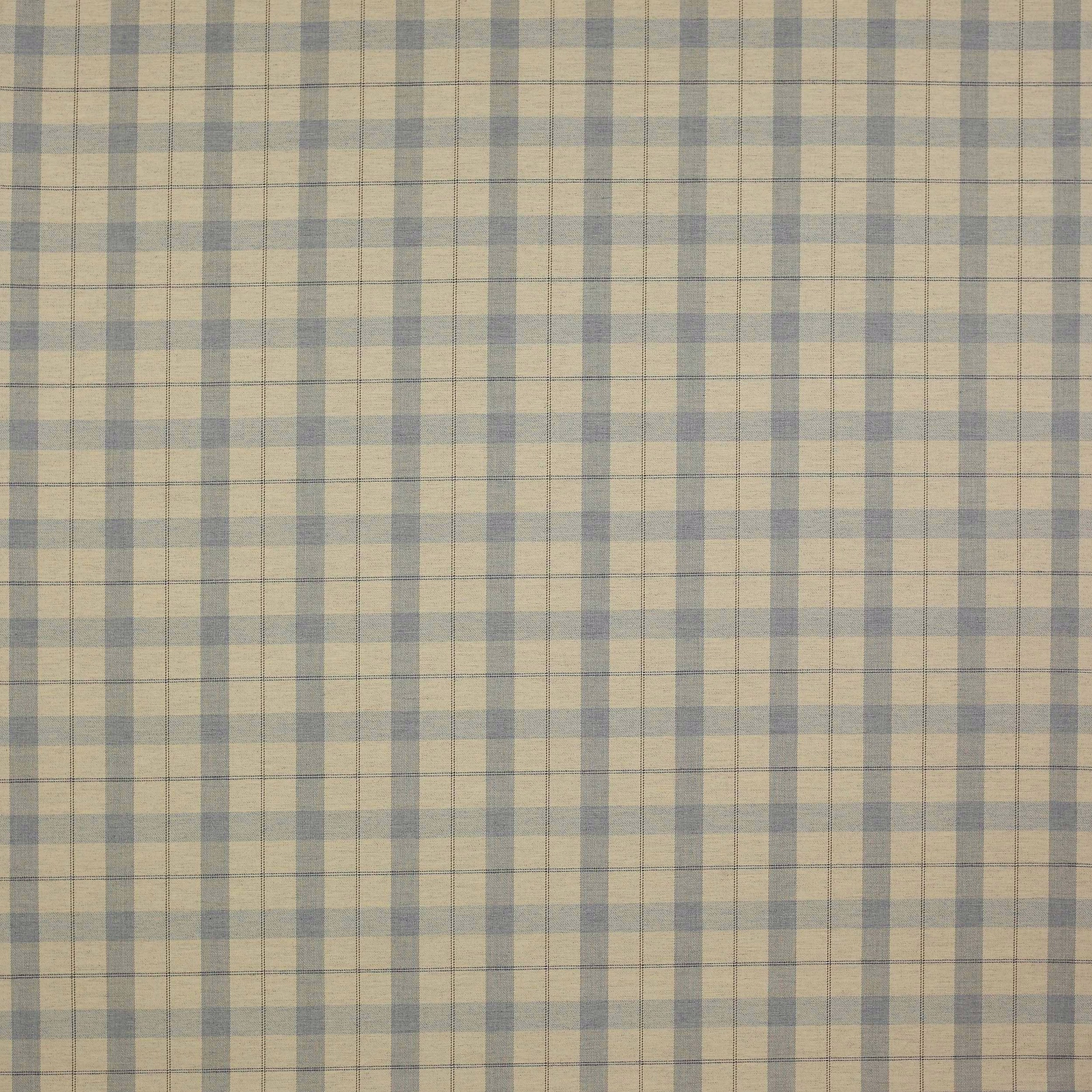 Muted blue and cream checked wool-linen fabric with fine woven texture