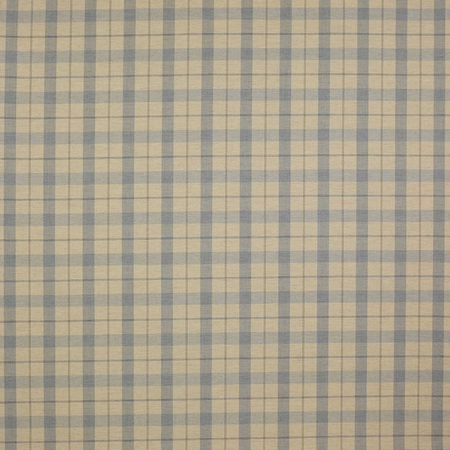 Muted blue and cream checked wool-linen fabric with fine woven texture
