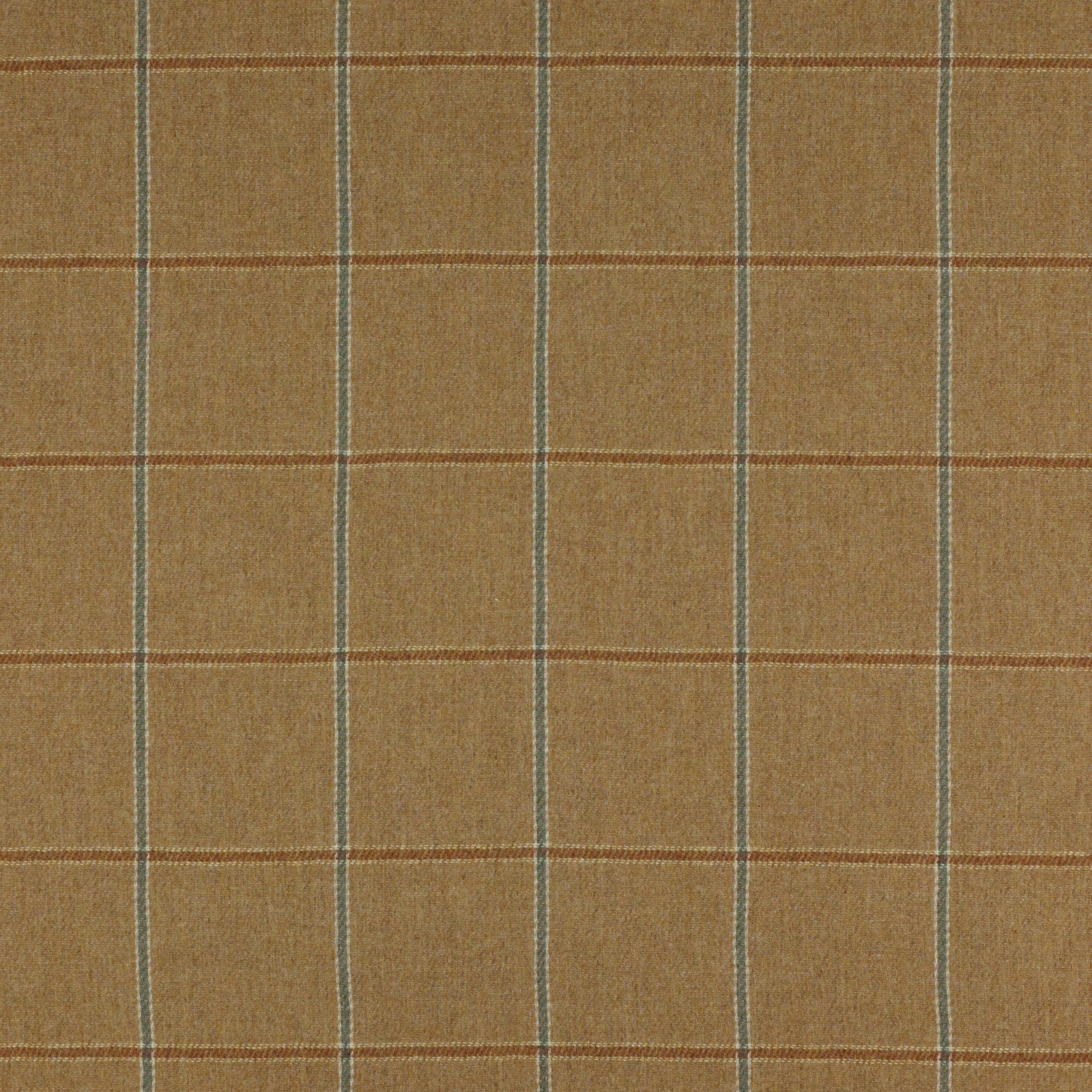 Warm beige wool plaid swatch with fine blue-grey and brown lines