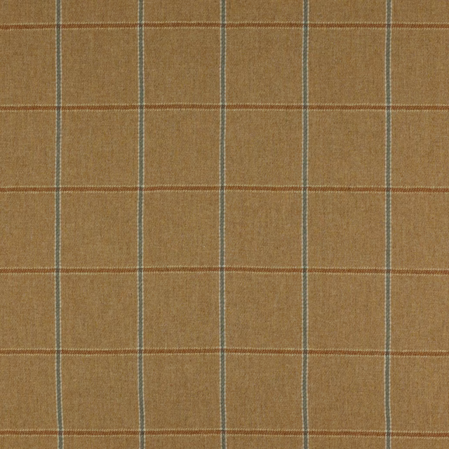 Warm beige wool plaid swatch with fine blue-grey and brown lines