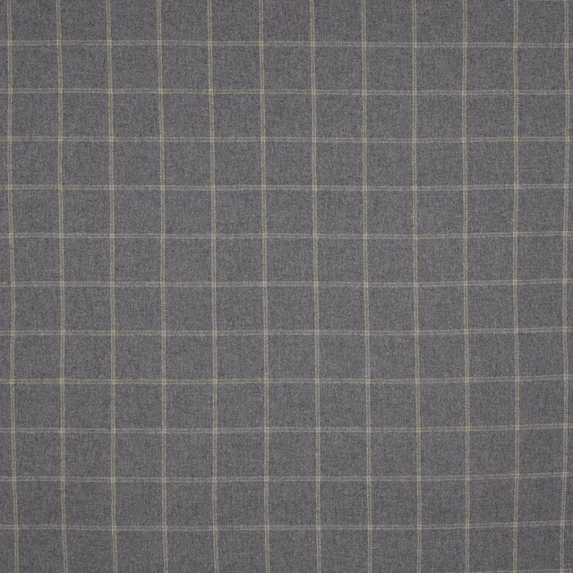 Grey wool plaid swatch with fine pale grid on a soft heather ground