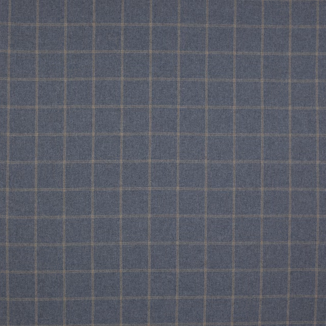 Muted navy wool plaid with fine pale crosslines and soft woven texture