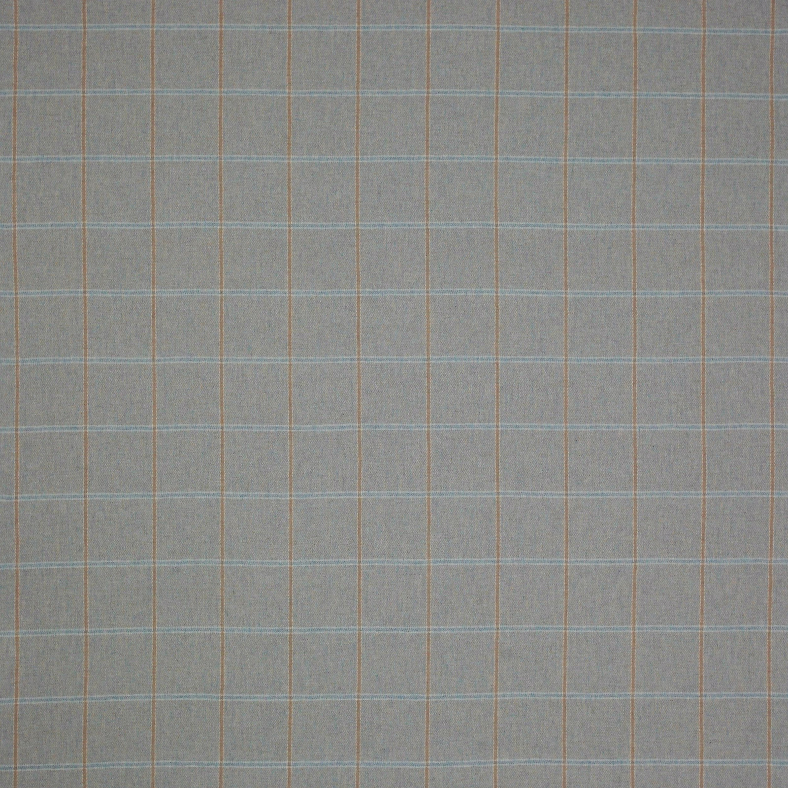 Muted blue-grey wool plaid with fine pale blue and tan lines