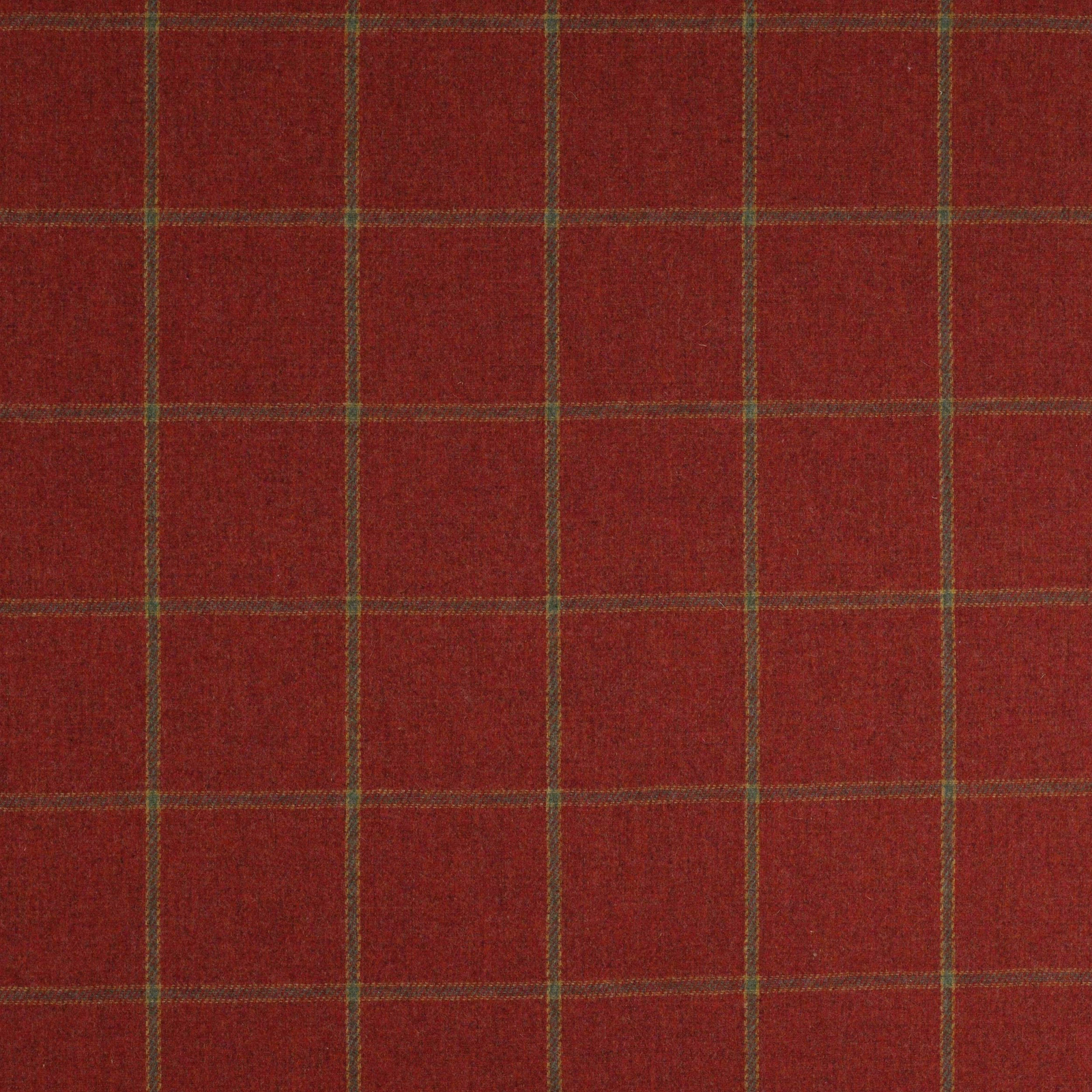 Deep red tartan wool swatch with muted green and tan check lines