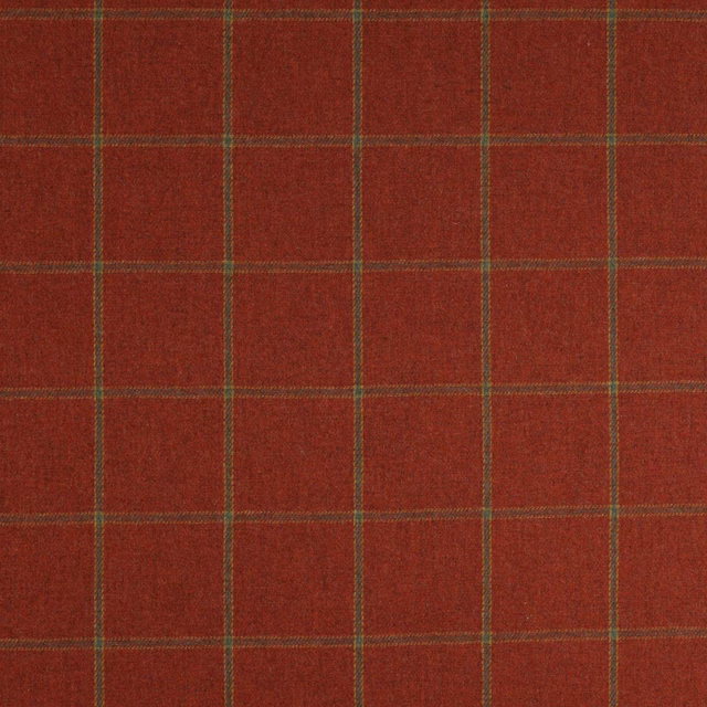 Deep red tartan wool swatch with muted green and tan check lines