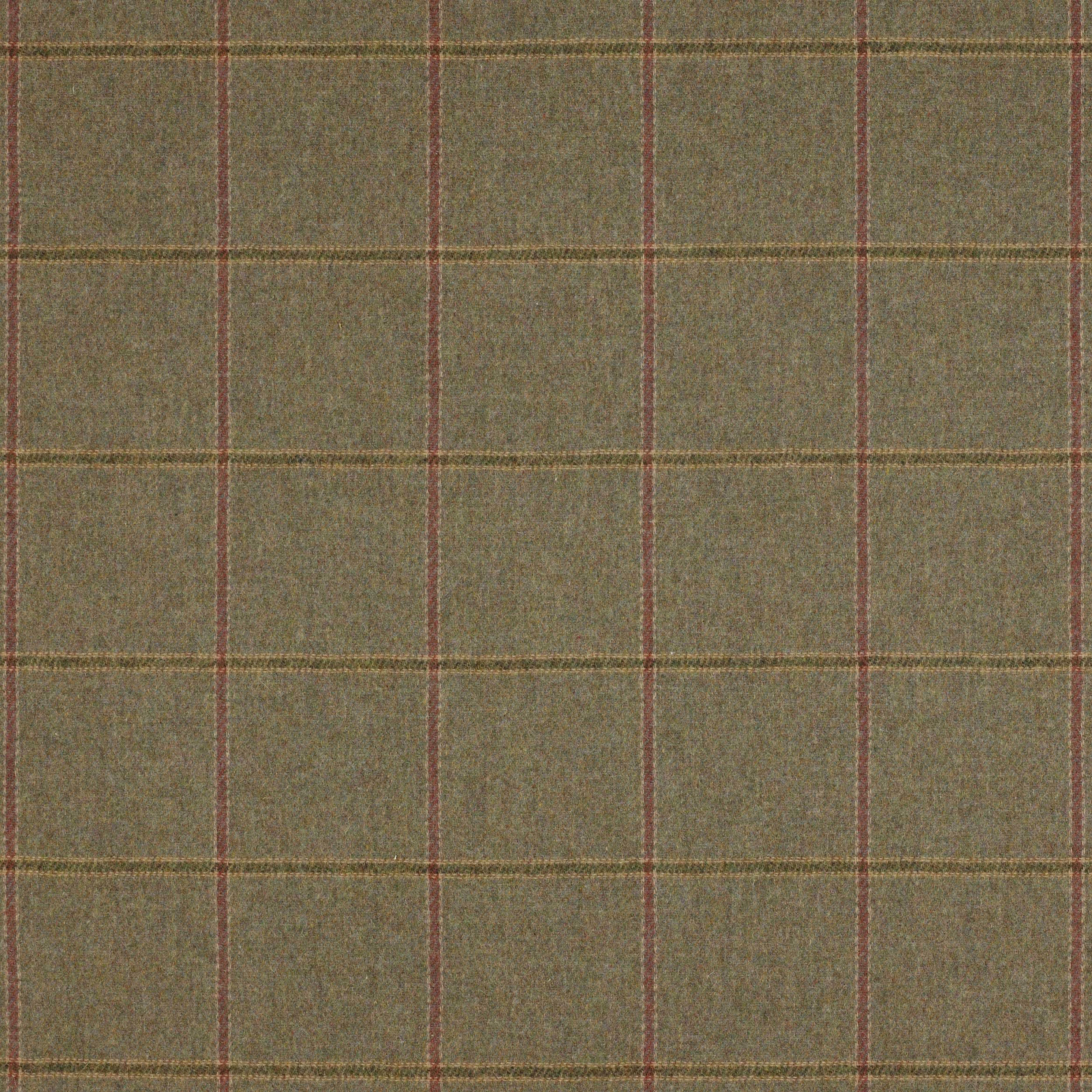 Muted sea green wool plaid with thin russet and olive check lines