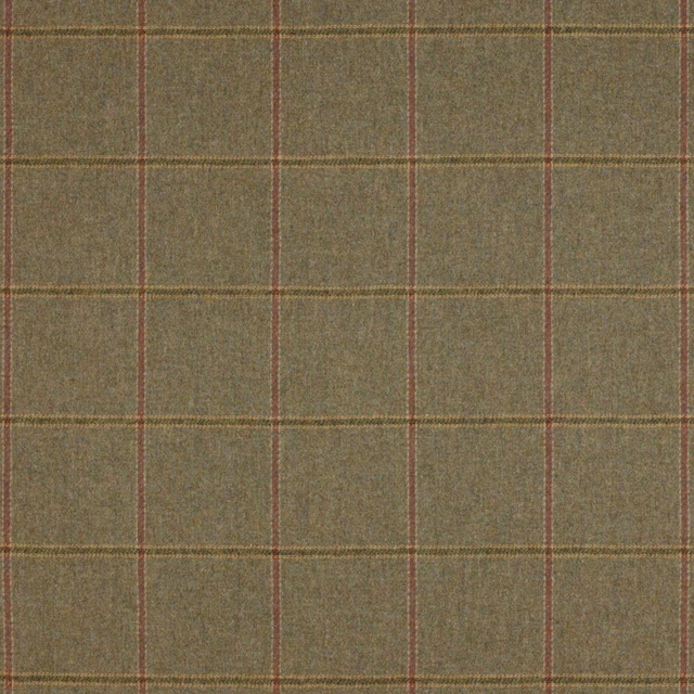 Muted sea green wool plaid with thin russet and olive check lines