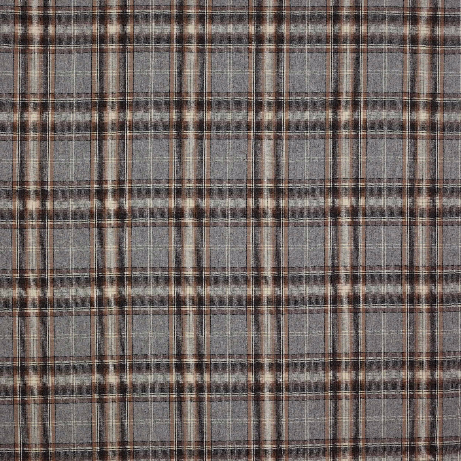 Charcoal grey wool plaid fabric with cream and brown checks