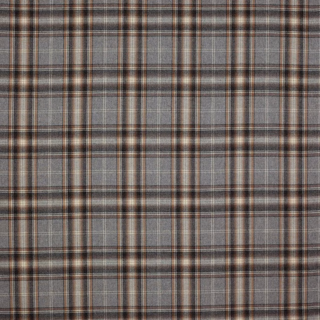 Charcoal grey wool plaid fabric with cream and brown checks