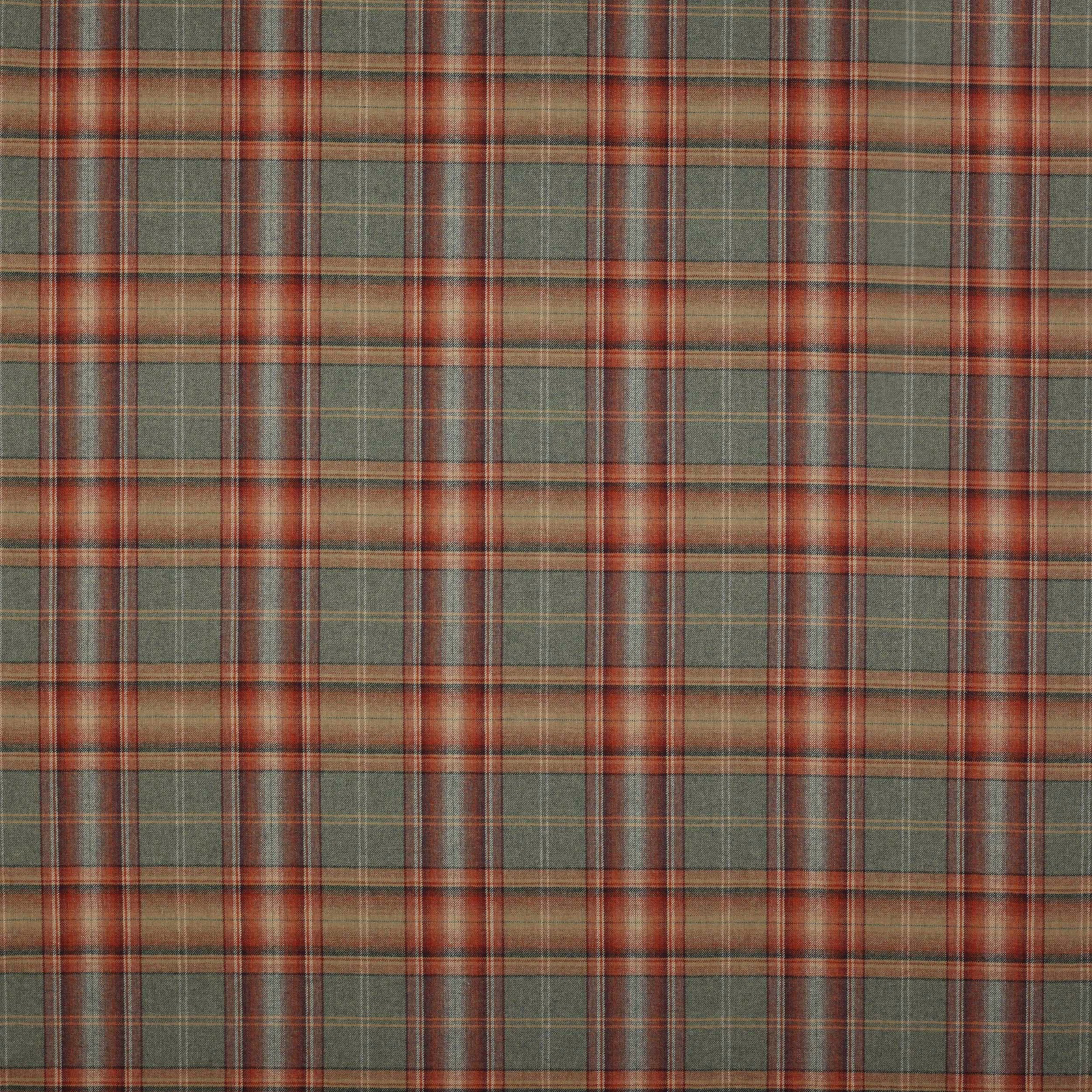 Muted teal and tomato wool plaid with fine olive and beige stripes