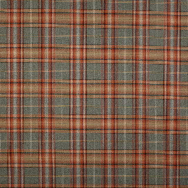 Muted teal and tomato wool plaid with fine olive and beige stripes
