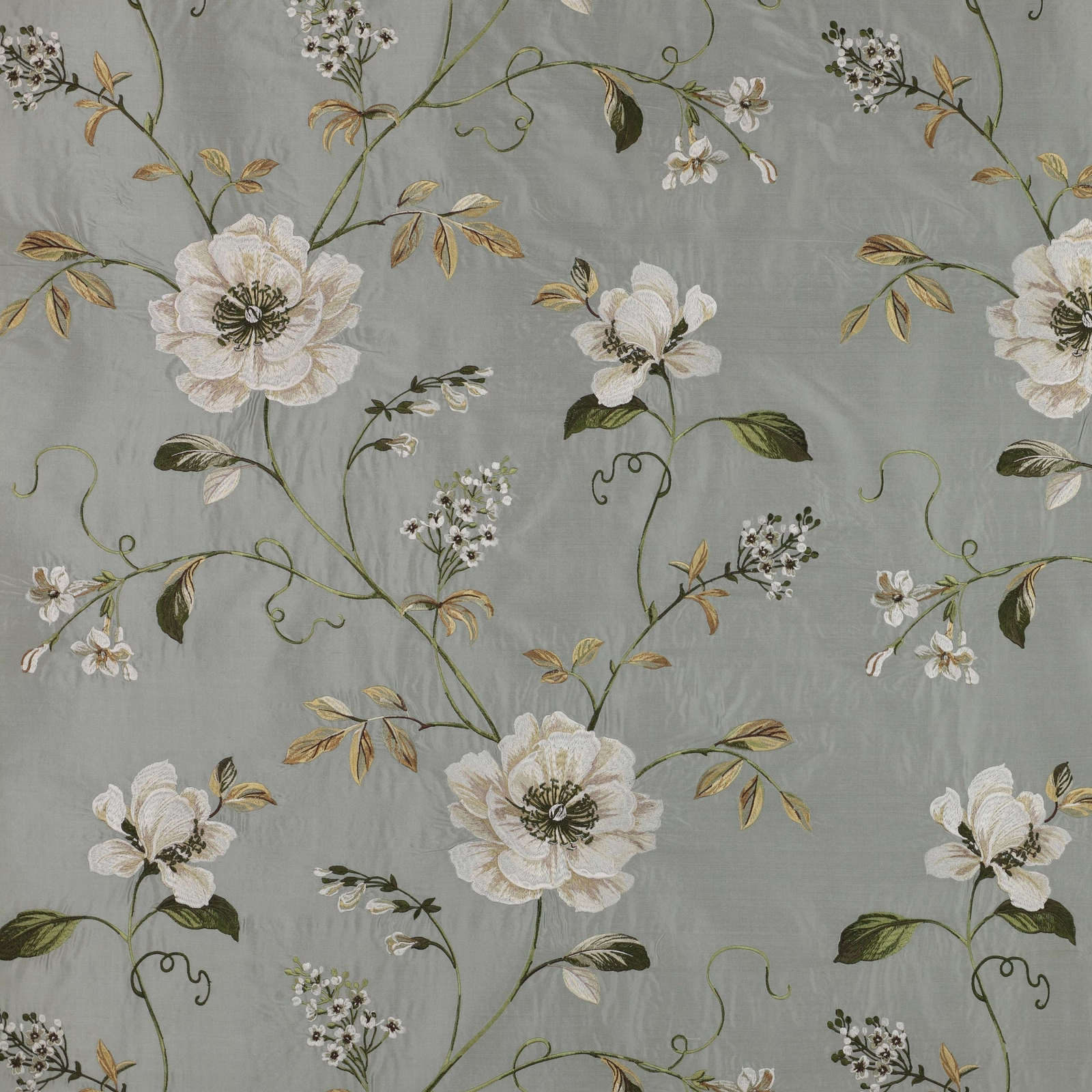 Large ivory floral sprays and green stems on soft old blue grey fabric