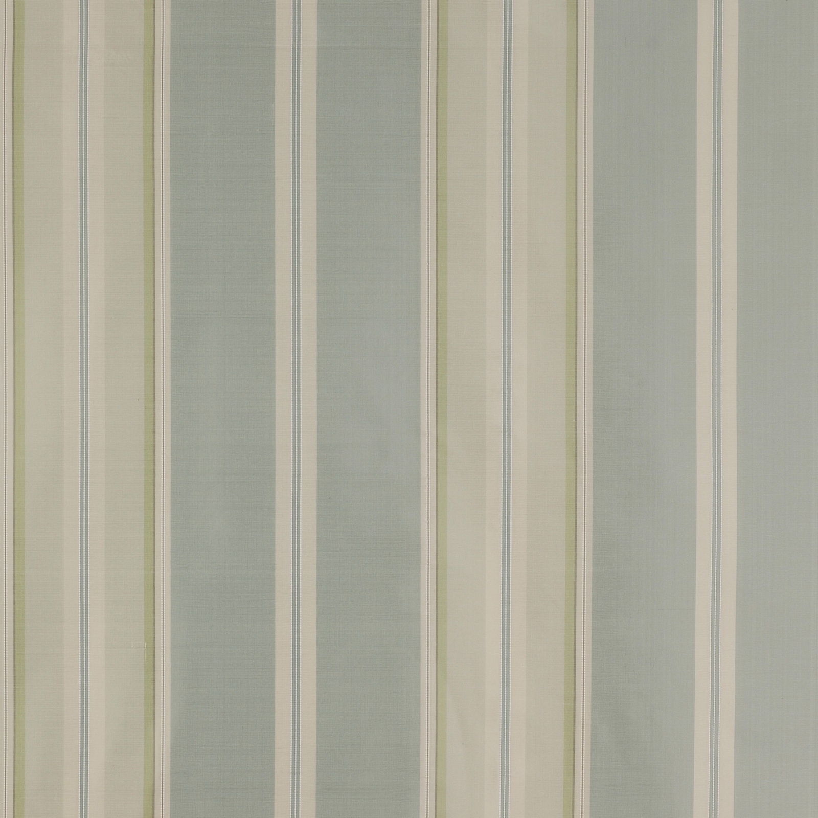 Pale old blue striped fabric with ivory and green accents on a smooth weave
