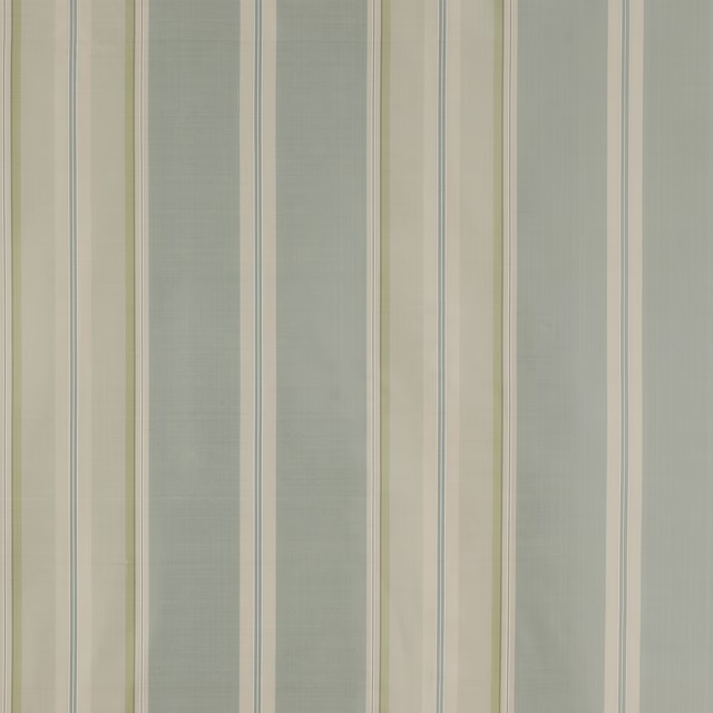 Pale old blue striped fabric with ivory and green accents on a smooth weave
