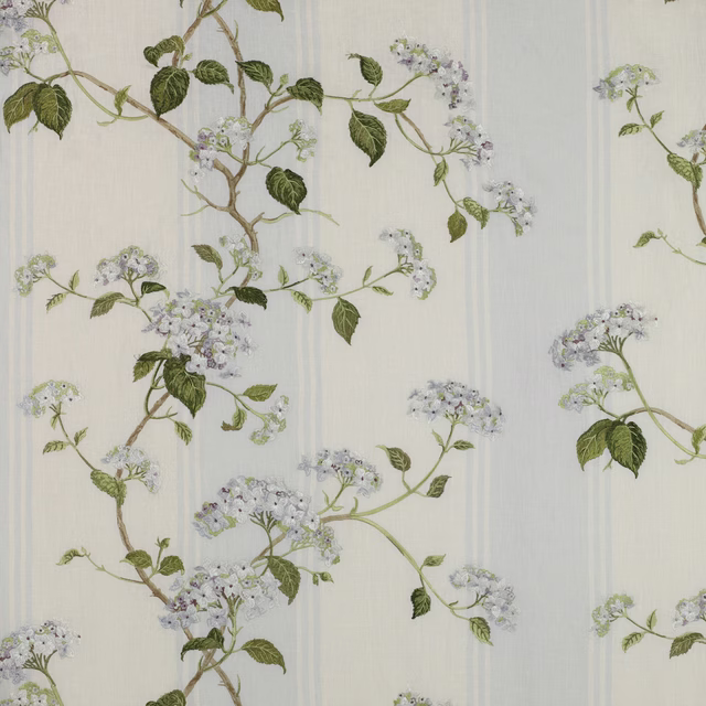 Pale blue floral linen blend with trailing green stems and white blossoms
