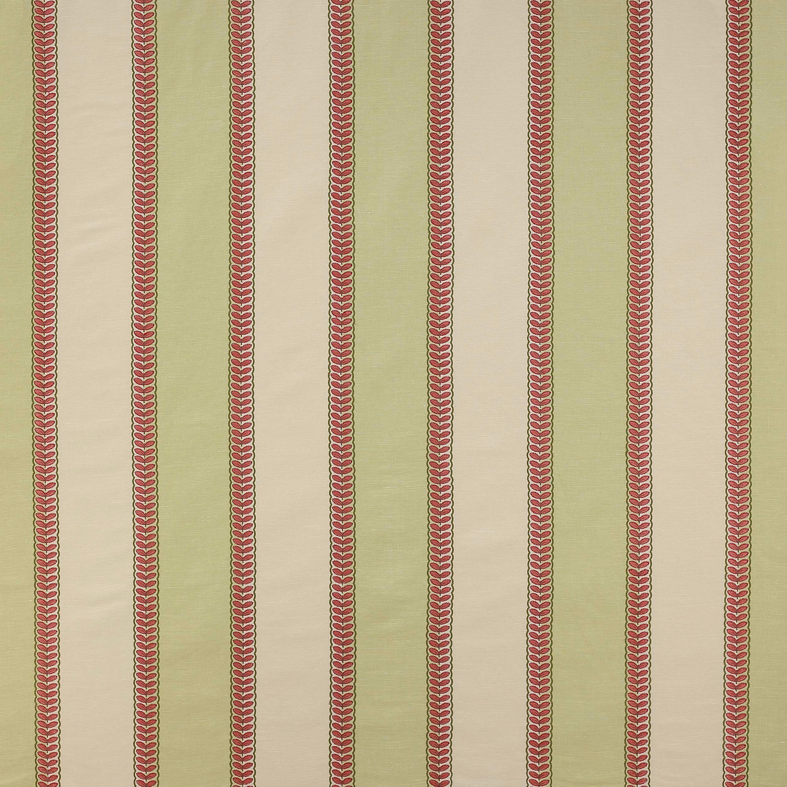 Vertical green and cream striped fabric with narrow rose-red leaf detailing